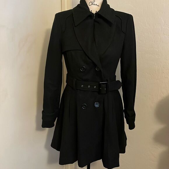 Bebe Black Double Breasted Wool Blend Button Closure Coat Feminine Casual - Picture 1 of 11